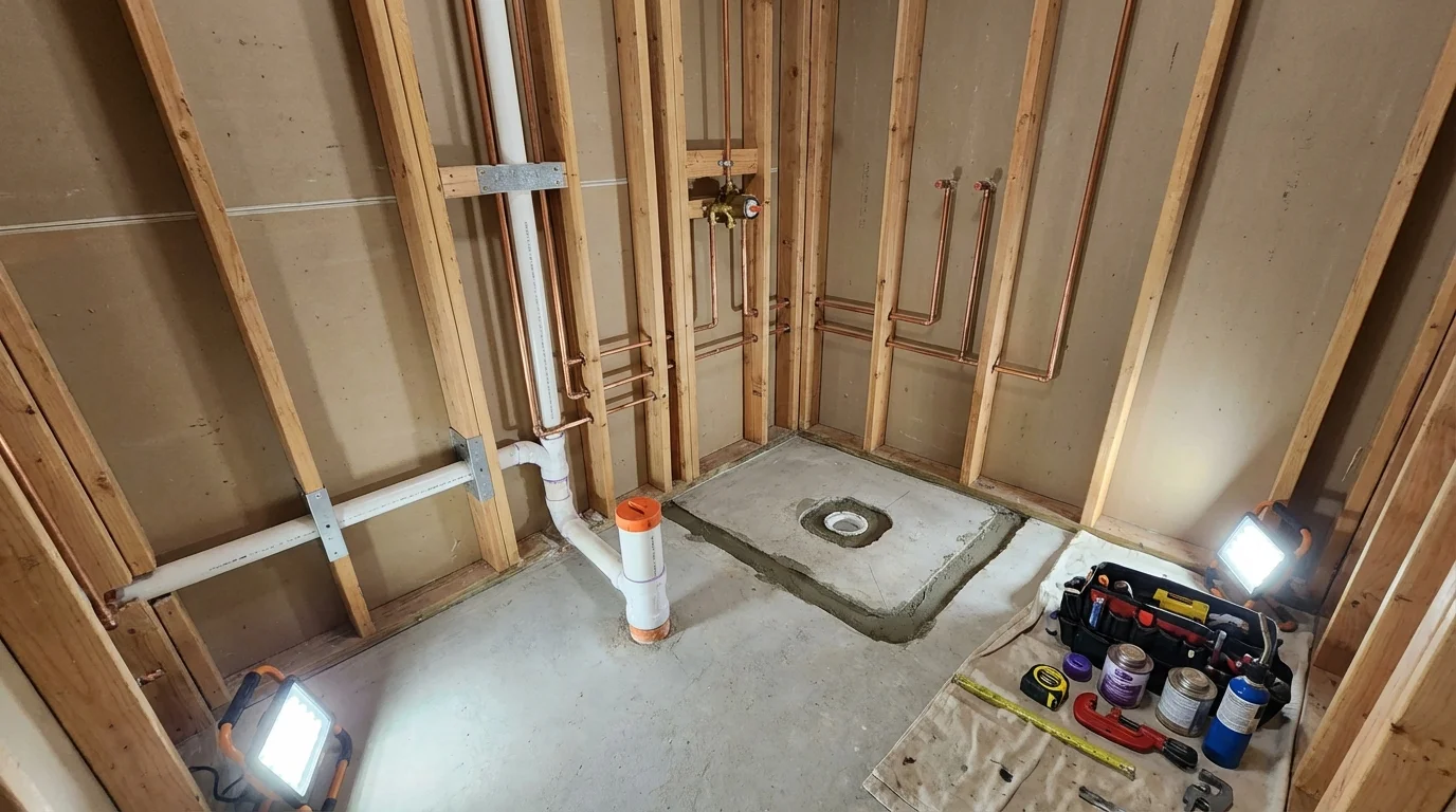 Bathroom rough-in plumbing during remodel by Johns Plumbing LLC in Menard
