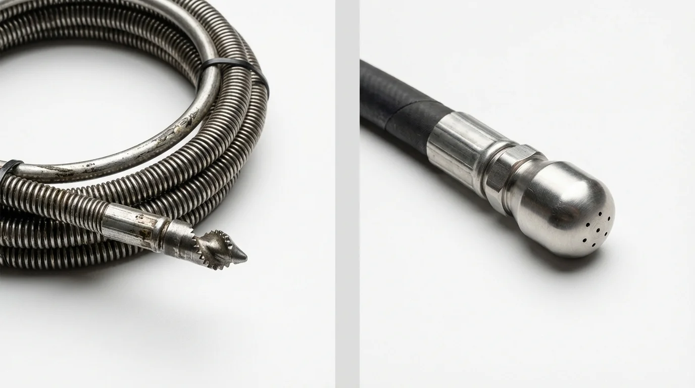 Drain snake cable and hydro jetting nozzle used for drain cleaning in Menard, TX