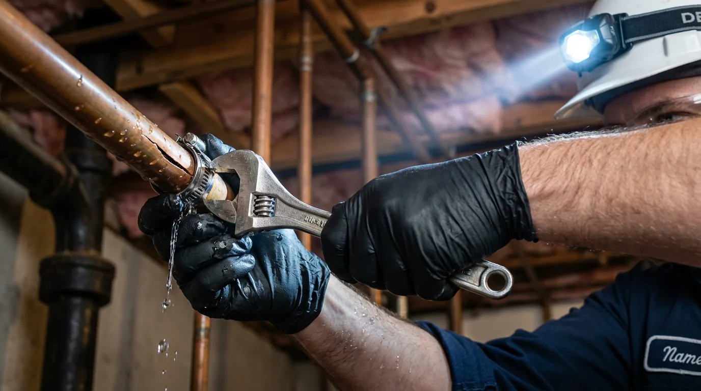 Emergency pipe clamp repair being performed by a Johns Plumbing LLC plumber in Menard