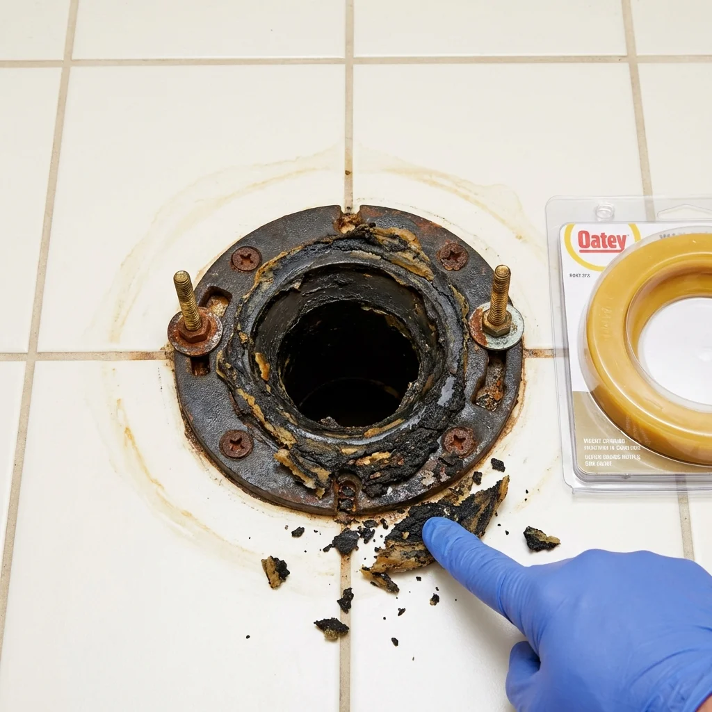 Failed wax ring showing water seepage at the base of a toilet in a Menard, TX home