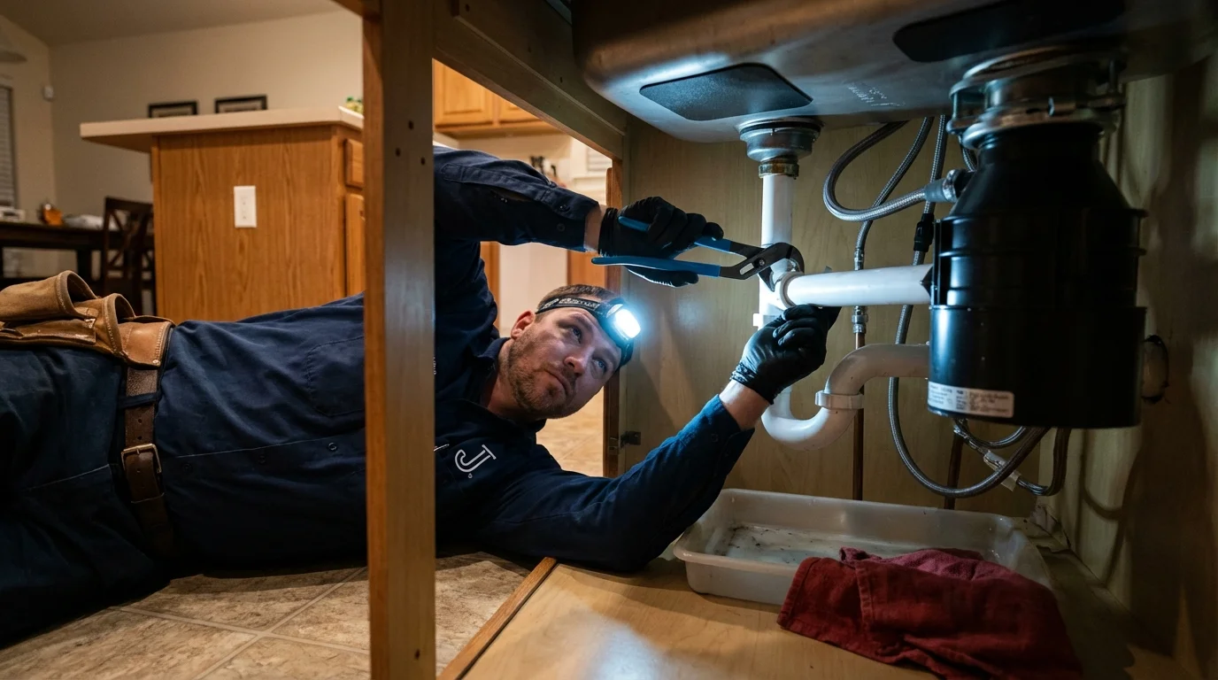 P-trap and supply line connections under a kitchen sink showing a common leak point in Menard, TX